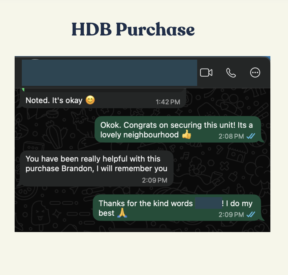 Client WhatsApp message thanking Brandon for a smooth HDB purchase